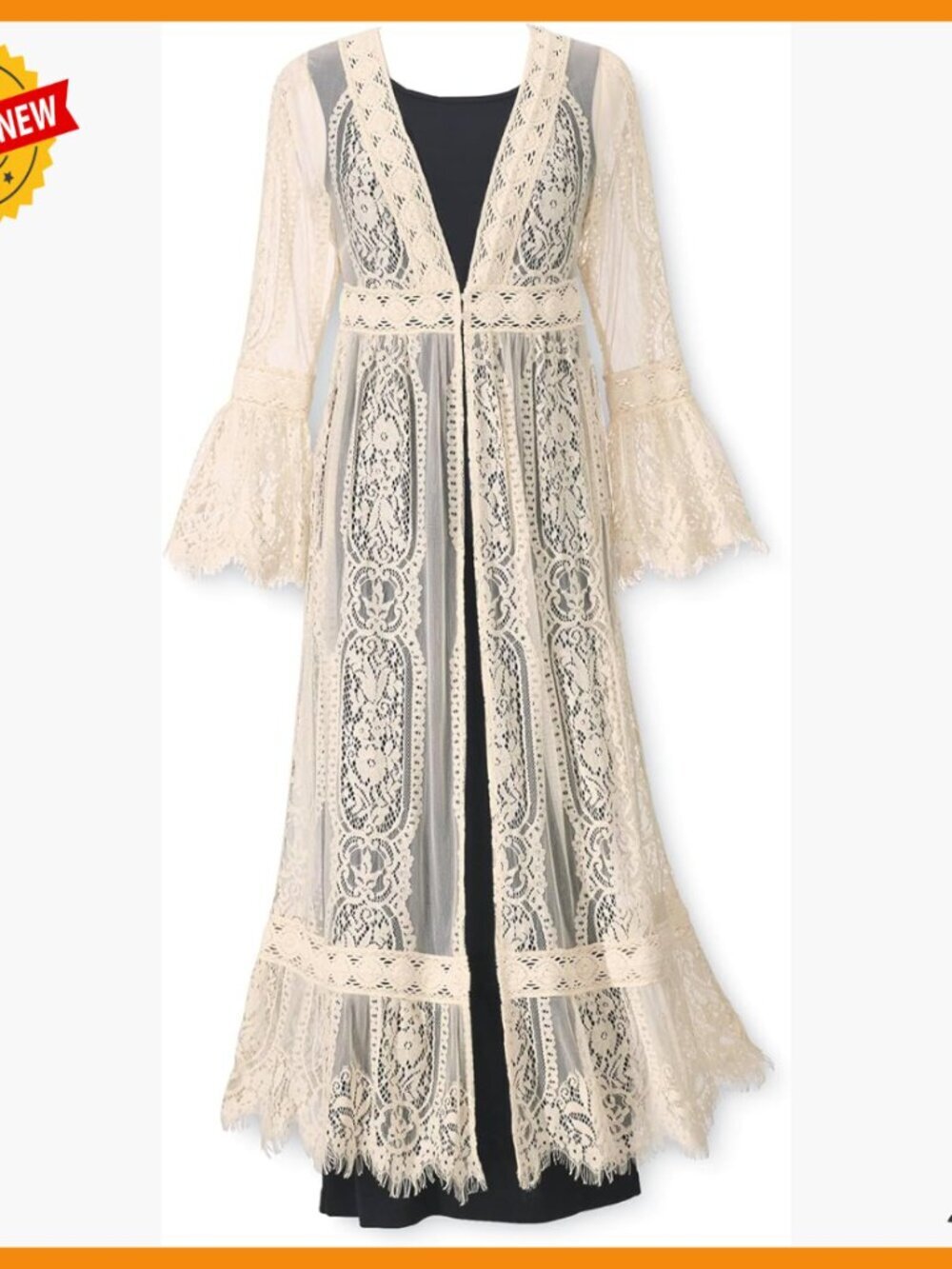 Long Lace Cardigan Boho Jacket Sheer Cover Up Fringed Bell Sleeves